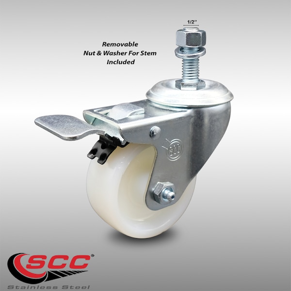 3 Inch SS Nylon Wheel Swivel 1/2 Inch Threaded Stem Caster with Total Lock Brake